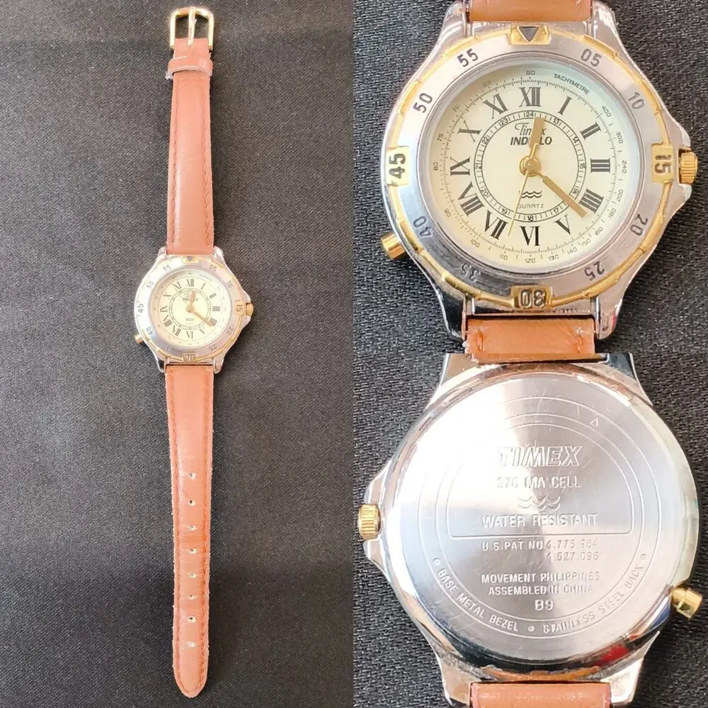 Vintage Timex Indiglo Two Tone Diver Style Women's Watch Brown Band #W5369